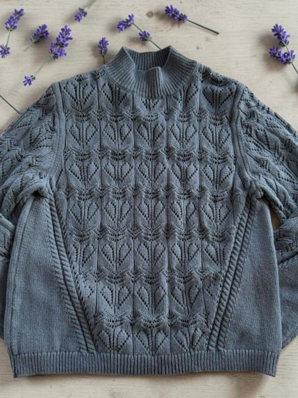 LOFT Womens L Pointelle Sweater Blue Mock Neck Flare Sleeve Knit
